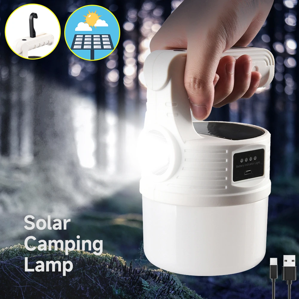 

LED+COB Solar Camping Lights Portable USB Rechargeable Flashlight Waterproof Tent Hook Travel Work Night Market Light 10Modes