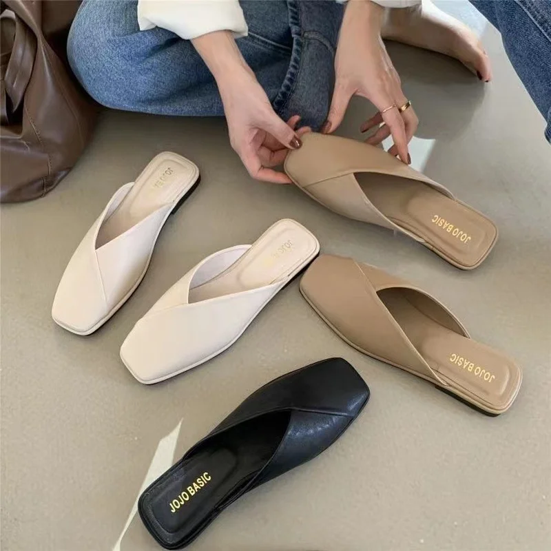 

Big Size Flat Slippers 2022 Summer Women Flat Casual Shoes Outdoor Square Toe Shoes Fashion Slip on Mules Beach Ladies Slippers