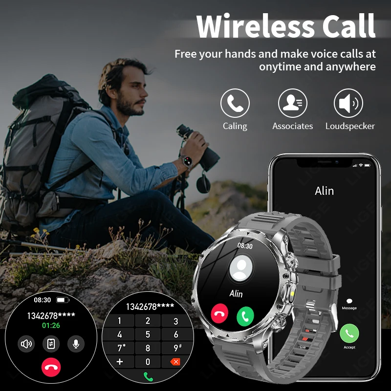 LIGE Men Outdoors Sports Smart Watch AK75 Flashlight 700mah Large Battery Bluetooth Calling LED Light Fitness Tracker Smartwatch