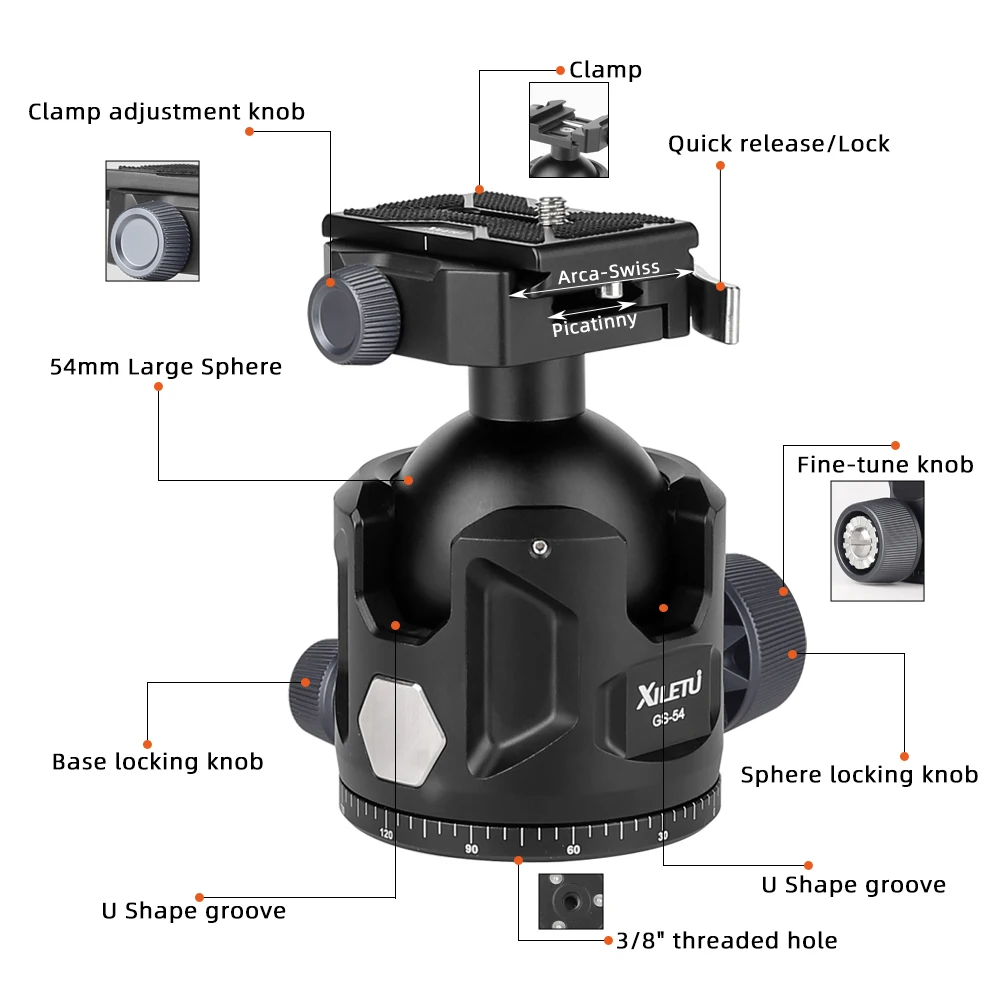 XILETU Aluminum Alloy Ball Head for Shooting Tripod Compatible with Arca Swiss and Picatinny for Hunting and Photography tripod ball head cold shoe ball head