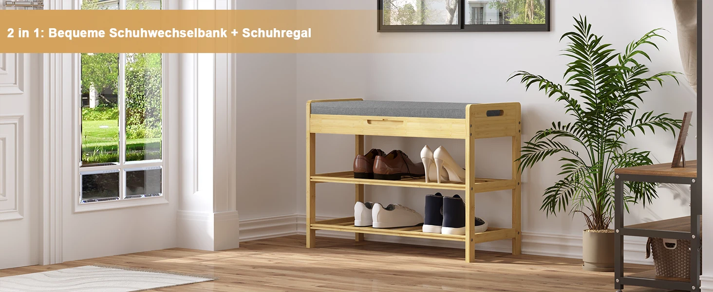 WOLTU 2-stöckiges Schuhregal aus Bambus mit Bank, gepolsterter Sitz-Organizer für Flur, Balkon, Eingang, Schlafzimmer, Wohnzimmer – Detail 4