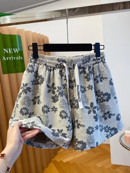 Retro Floral Cotton Linen Wide Leg Short Pants Women Loose High Waist Slimming plus Size Hot Pants Outlet Tag Removed