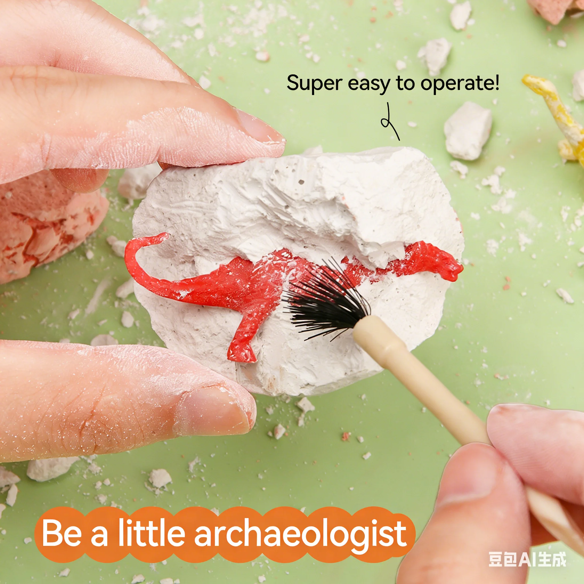 Close up of dinosaur toy after excavation