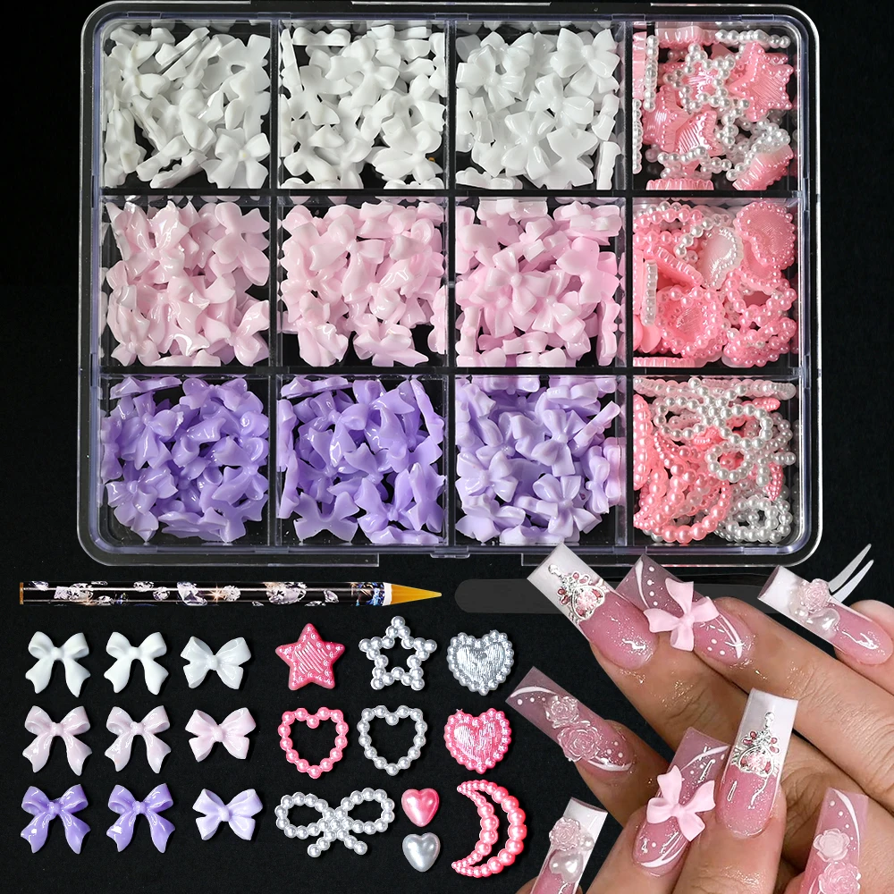 12Grids/Box Mixed Resin Bowknot Nail Charms 3D Colorful Bow Kawaii Rhinestone Nail Art Decorations DIY Manicure Parts Pen Tweeze 3
