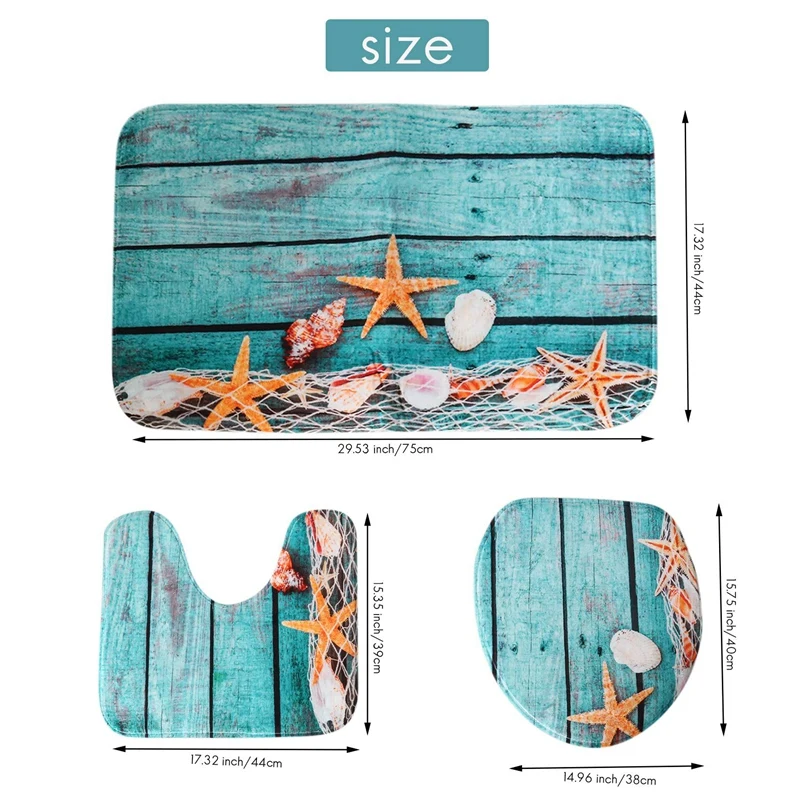 A57M-Beach Seashells Starfish Sand Bath Mat Holidays Summer Bathroom Carpet Rug Non-Slip 3 Piece Toilet Mat Set Starfish Floor 3