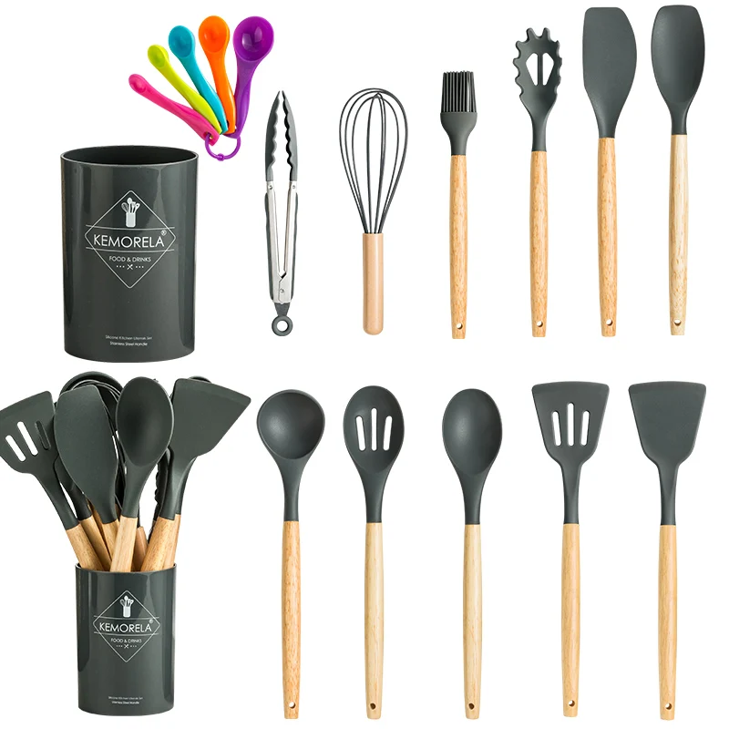 13pcs/set Heat Resistant Silicone Kitchen Utensils Set Including Measuring  Spoons, Oil Brush, Shovel, Tableware, Baking Tools With Storage Bucket