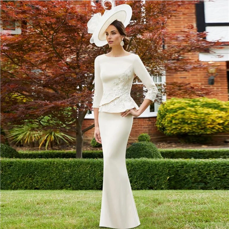 

2022 Sexy Mermaid Mother of the Bride Dress Wedding Gown O-Neck 3/4 Sleeves Lace Applique Floor Length vestidos de boda invitada