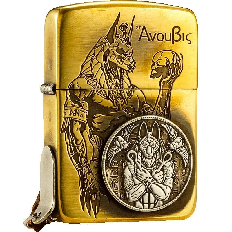 Accendino Zippo Inciso Antico Dio Egiziano Anubis Con Emblema Collezione Antivento In Scatola