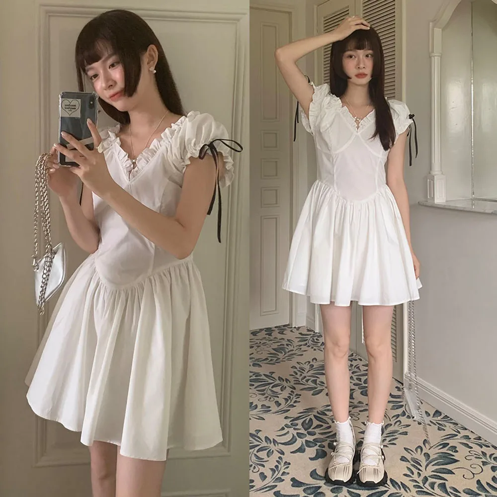 

2024 Summer Fashion Girls Tea Break Dress French Retro Age-Reducing Dress Office Lady V-Neck Design Sense Of High-lovely puffy