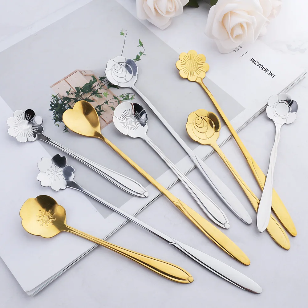8Pcs Flower Spoon Set Small Teaspoon Cute Dessert Spoon Silver Gold Stainless St