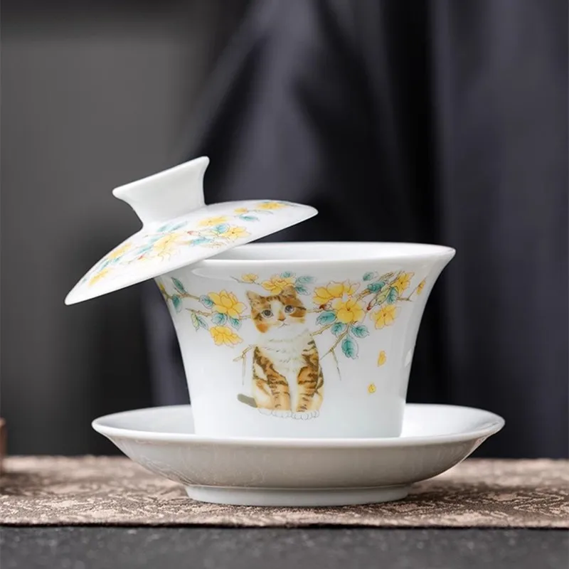 Shadow Celadon Covered Bowl, Tea Cup, White Porcelain Suspended Tea Bowl with Lid, Sancai Ceramic Kung Fu Household Set