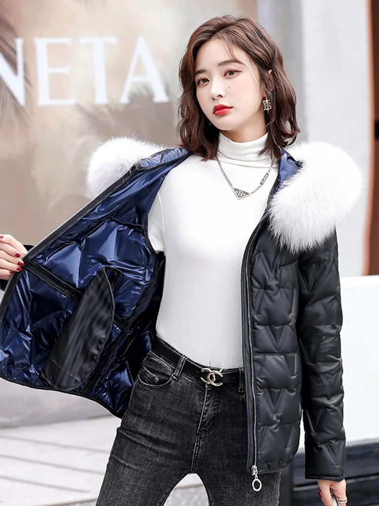 New Women Leather Down Jacket Autumn Winter Casual Fashion Hooded Real Fox Fur Collar Loose Sheepskin White Duck Down Coat