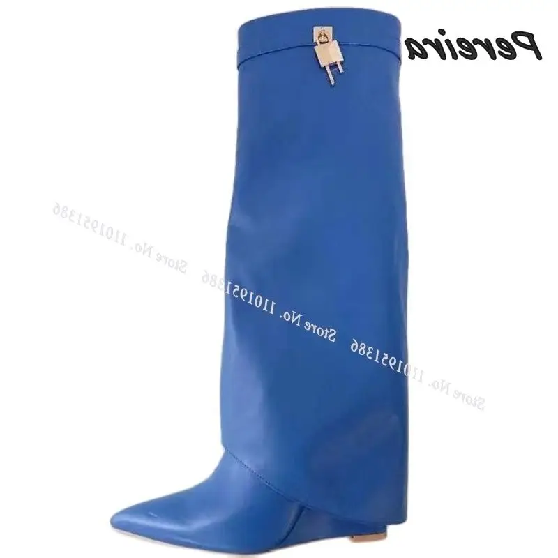 

Pereira Novel Blue Lock Decor Shark Boots Slip on Wedges Heel Pointed Toe Stiletto Shoes for Women High Heels Zapatillas Mujer