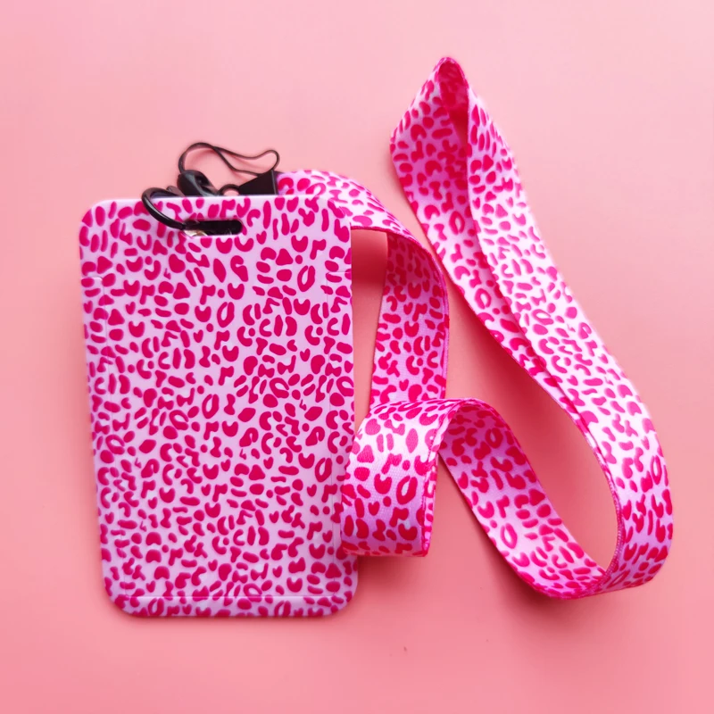 Stylish Pink Leopard Print ID Badge Holder with Retractable Clip and Neck Strap