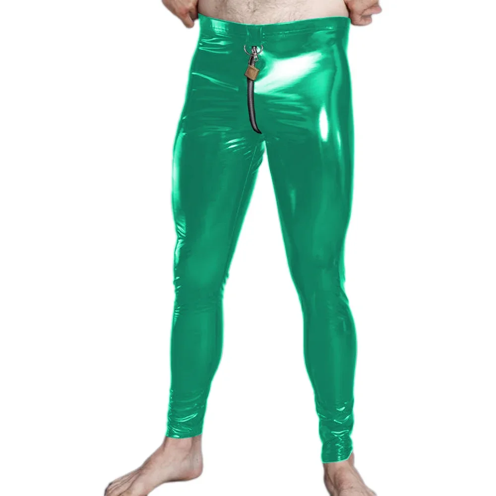 New Men Front Zipper Bright Faux Leather Tight Pants PVC Elastic Performance Trousers Sexy Leggings With lock fetish wear pants