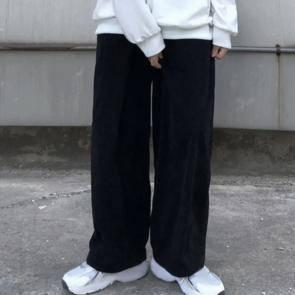 Description Picture 5 of itemMen Corduroy Pants Japanese Style Men's Loose Straight Wide Leg Pants with Deep Crotch Elastic Waist Retro Casual Trousers