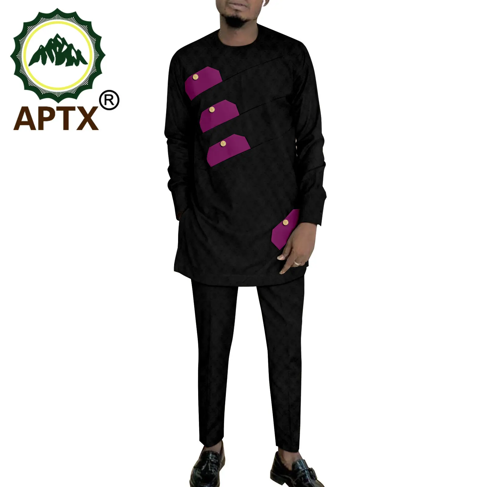 APTX African Attire 2 Pieces Set for Men Long Sleeves Top+Full Length Pants Button Decoration Casual Suit TA2216139