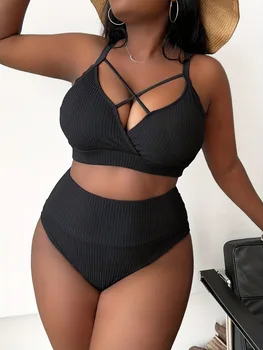 Plus Size Ribbed High Waist Bikini Set Women 2 Pieces Swimwear Push Up Cross Front Bathing Suit Beachwear