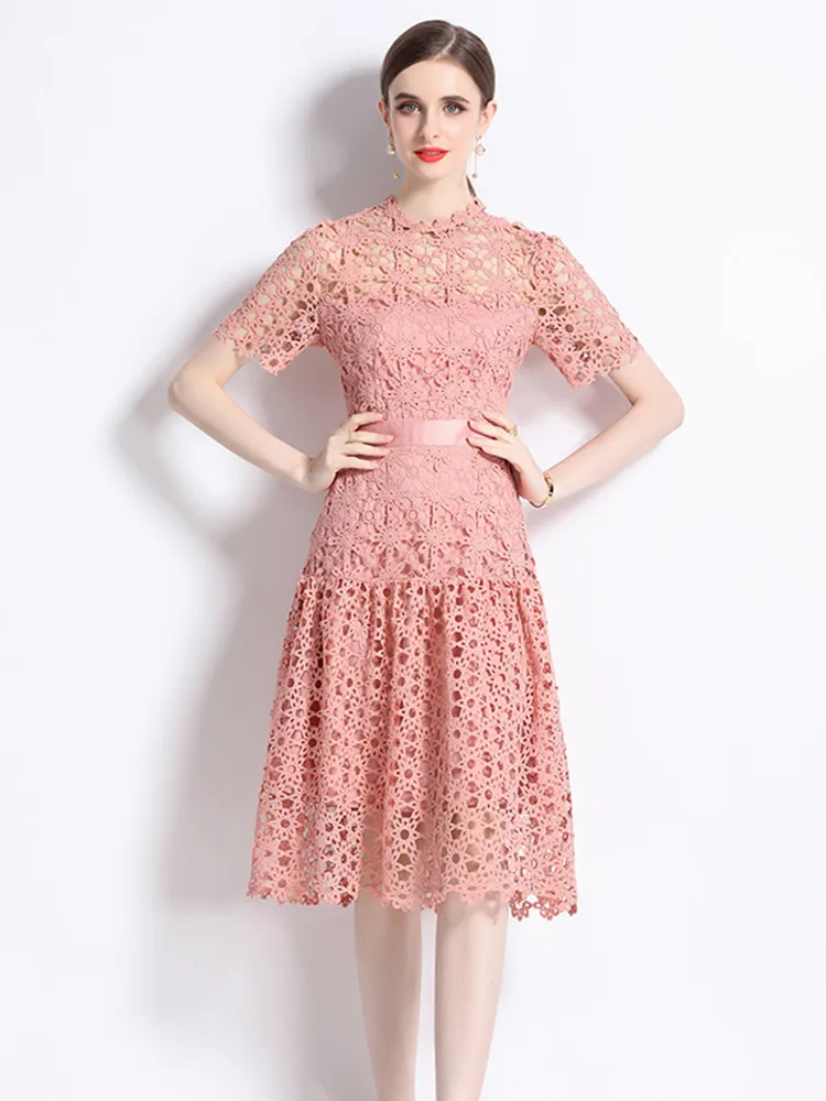 

Women Lace Dress 2023 Summer New Pink/Black/Green Lace Stitching Sexy Hollow out Short Sleeve Slim Mid-length Dress