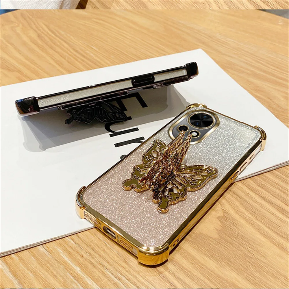 Shockproof Glitter Butterfly Stand Phone Case with Plating Soft Silicon Cover