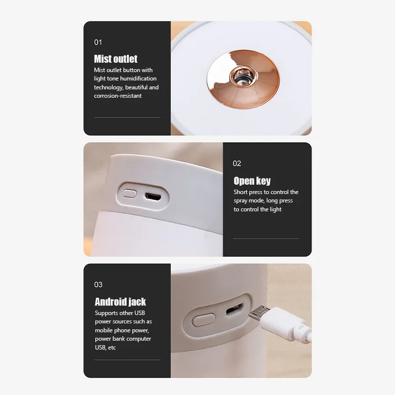 USB 에센셜 오일 디퓨저: 차량 및 가정용 LED 야간 조명이 있는 260ML 초음파 가습기