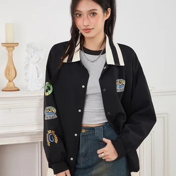 Yoawdatss 여성용 야구 재킷, 긴팔 라펠 자수 패치 코트, 단추 봄버 오버사이즈 아우터, 발렌타인 데이