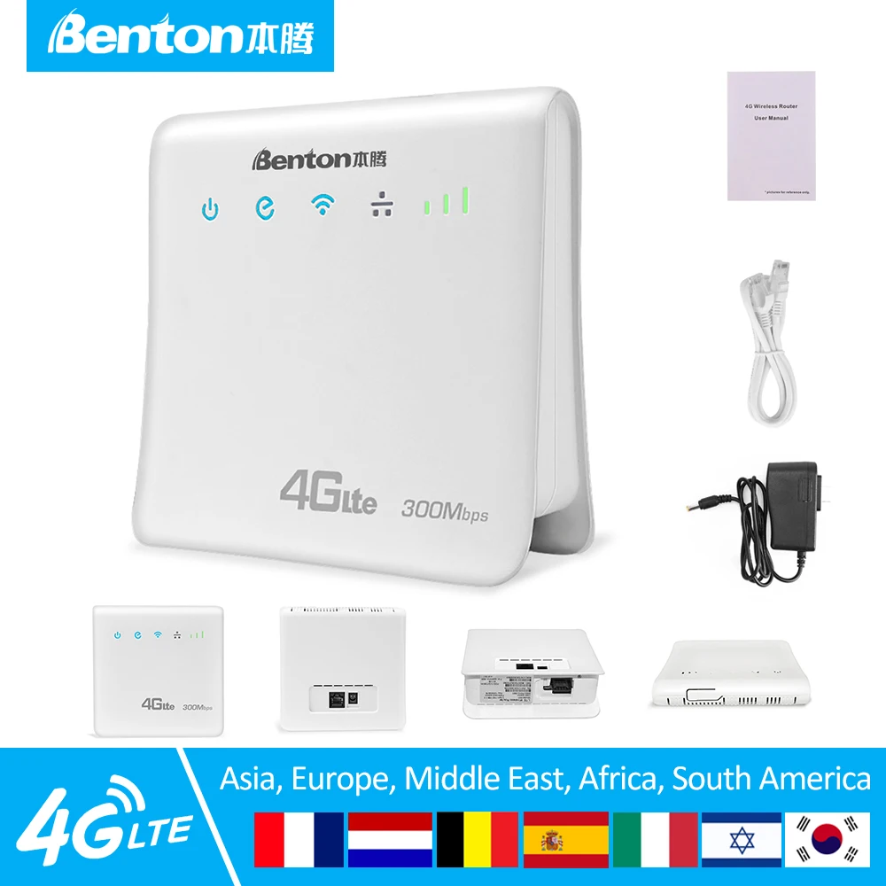 Benton Plug Play Unlocked 4G Router 2.4GHz 300Mbps 32Devices 100Mbps WAN LAN 4G LTE Router for Asia Europe Middle East Africa