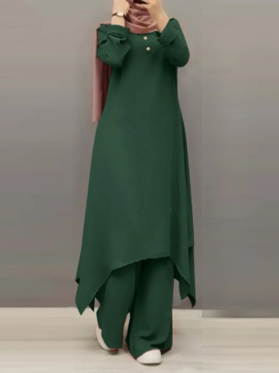 Islamic wide-leg women's pants set, abaya kaftan outfit, Muslim collection, casual suit from Dubai, Ramadan, Eid, 2