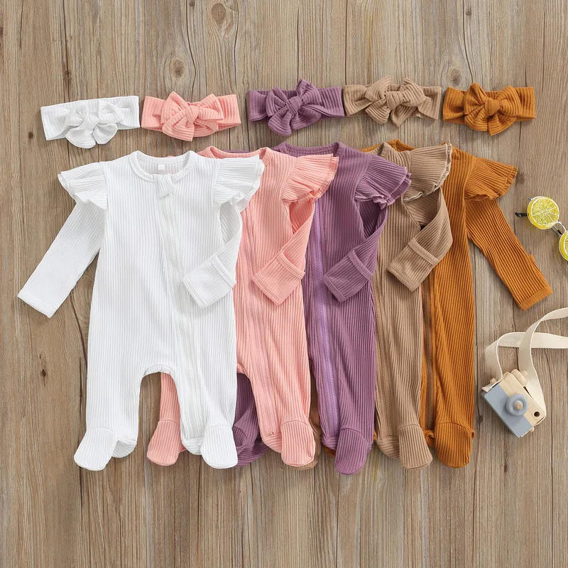 2Pcs Unisex Baby Fall Set Solid Color Ribbed Long Sleeves Zip-Up Footed Romper + Hairband for Girls Boys 0-6 Months