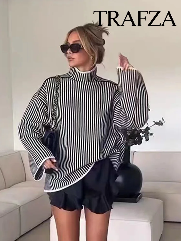 

TRAFZA Autumn Women Striped Pullovers Loose Long Sleeve Thicken Warm Female Sweaters Streetwear Knit Turtleneck Sweater Pullover