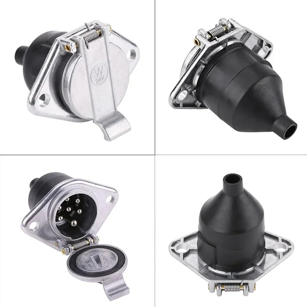 7 Pin Trailer Connector 1pcs 24V Black+Silver Brass Pins Plastic 7-Pin Trailer Socket For Car Semi Truck