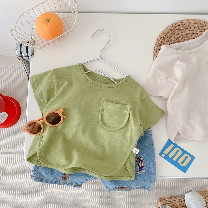 

T-shirt Children Solid Color Summer Baby Thin Short Sleeve Tops Children Cotton Undershirt 2024 Simple Fashion Round Collar