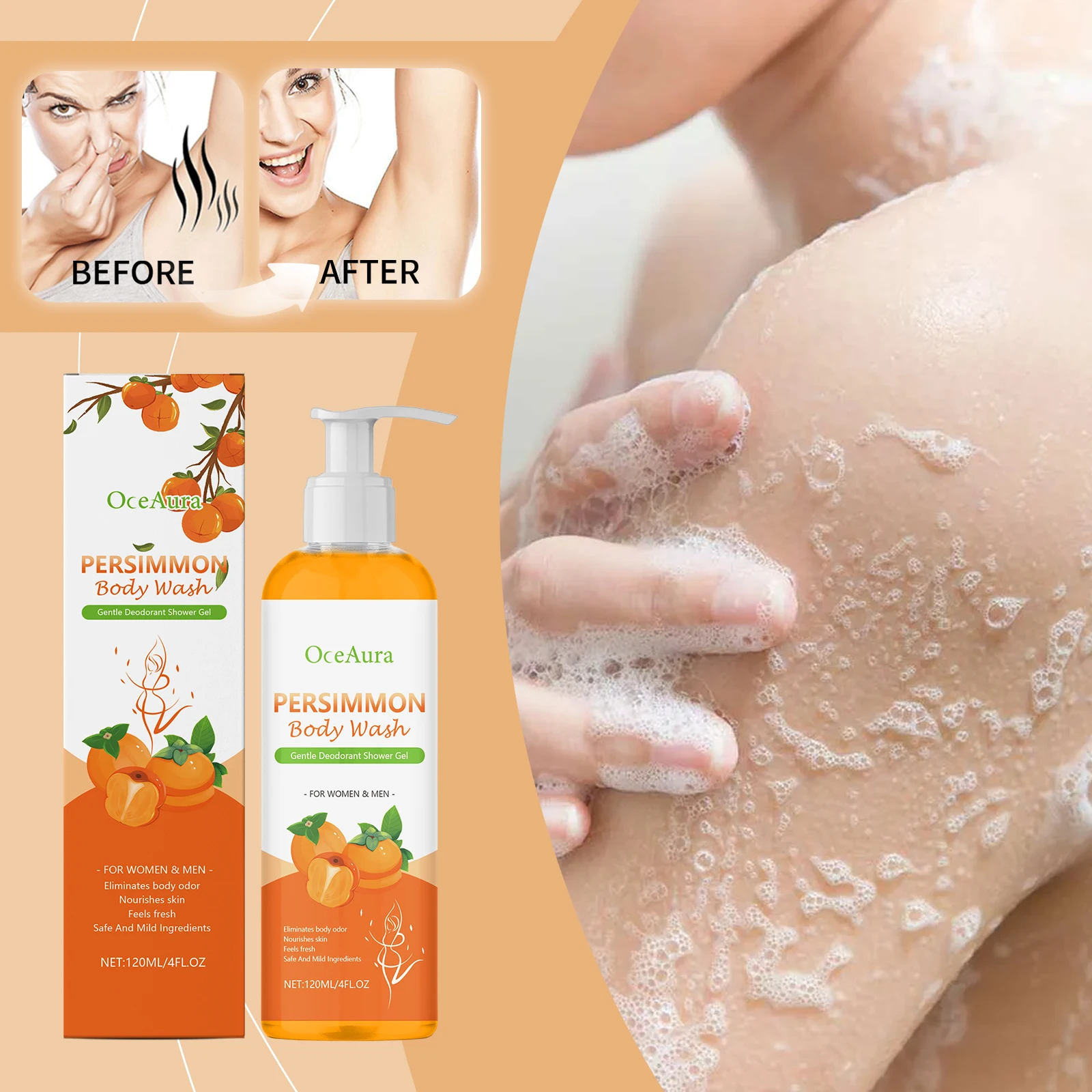 OceanAura 120ml Persimmon essence Bath Lotion Warm and Clean Body Skin Refreshing Oil Control Moisturizing Bath Lotion