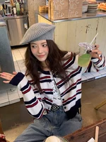 Retro American Striped Knitted Cardigan Long Sve Women's Top Dog Embroidery Design Autumn Winter New Sle Color Blo - Image 5