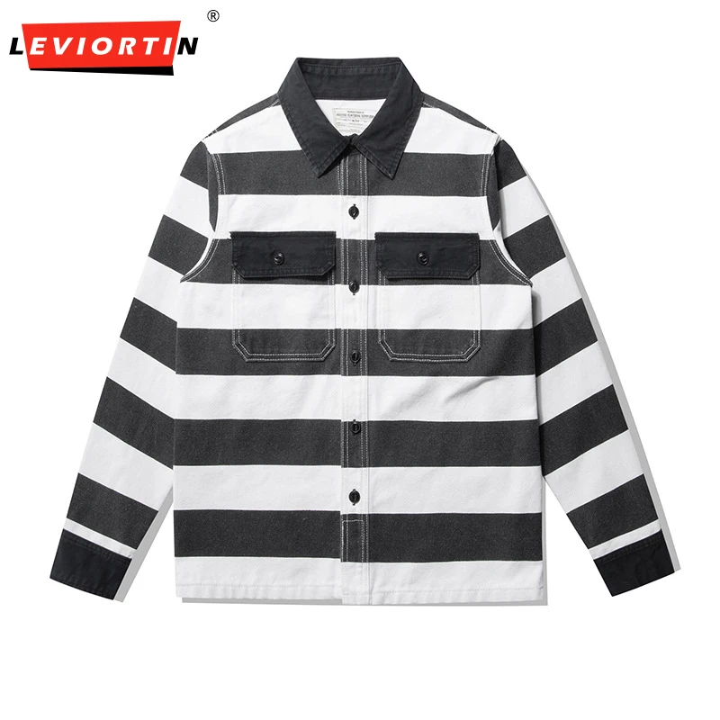 

Streetwear 16OZ Heavyweight Men Striped Coats Double Pocket High Quality Dense Canva America Style Casual Motocycle Jacket Male