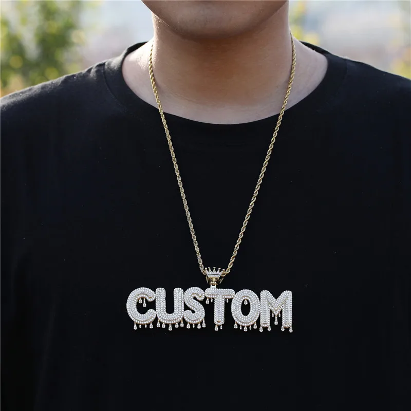 

US7 Ice Out Cubic Zircon Brass Custom Name Crown Drip Bubble Letters Chain Necklaces For Men Women Hip Hop Jewelry Wholesale