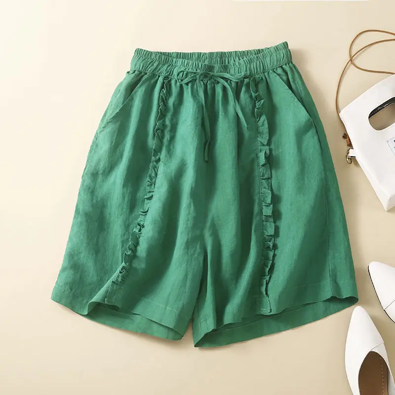 2022 Summer New Solid Color Aesthetic Casual Shorts Women Cotton Hemp Fungus Loose Wide-leg Pants Design Ethnic Style Trousers
