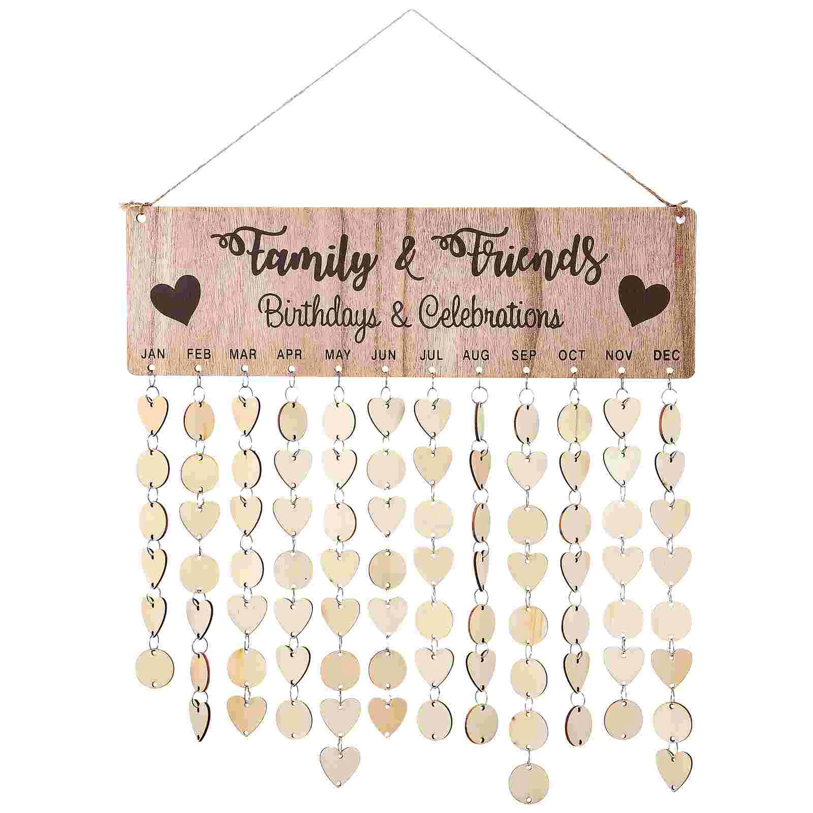 Home Decor Family Birthday Reminder Calendar Board Vintage Decorative DIY Wooden with 100Pcs Wood Tags and 1Pc Hook Hanging