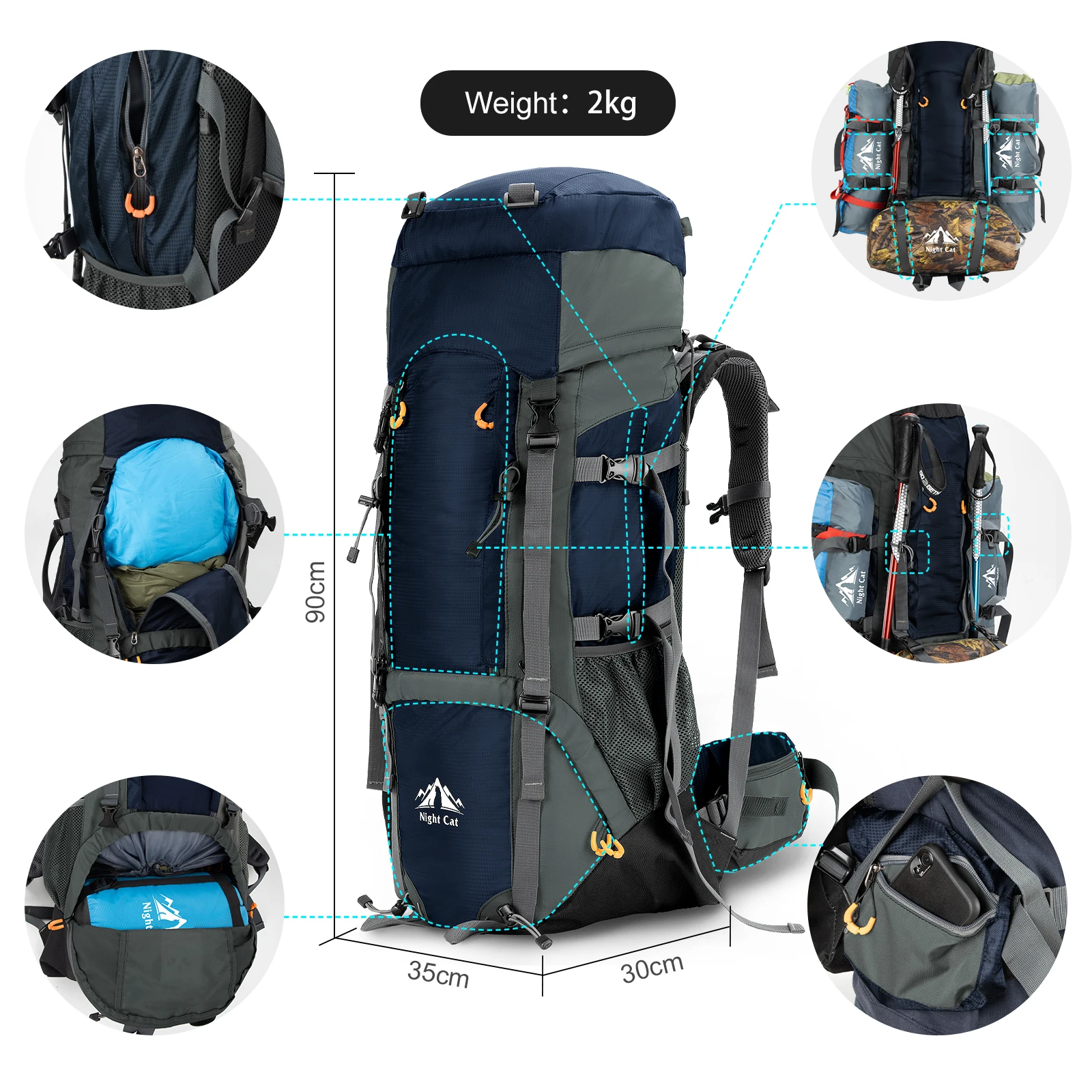 Night Cat Camping Backpacks 90L with Internal Frame Hiking Backpack for Men Women Waterproof Lightweight Breathable Outdoor 4