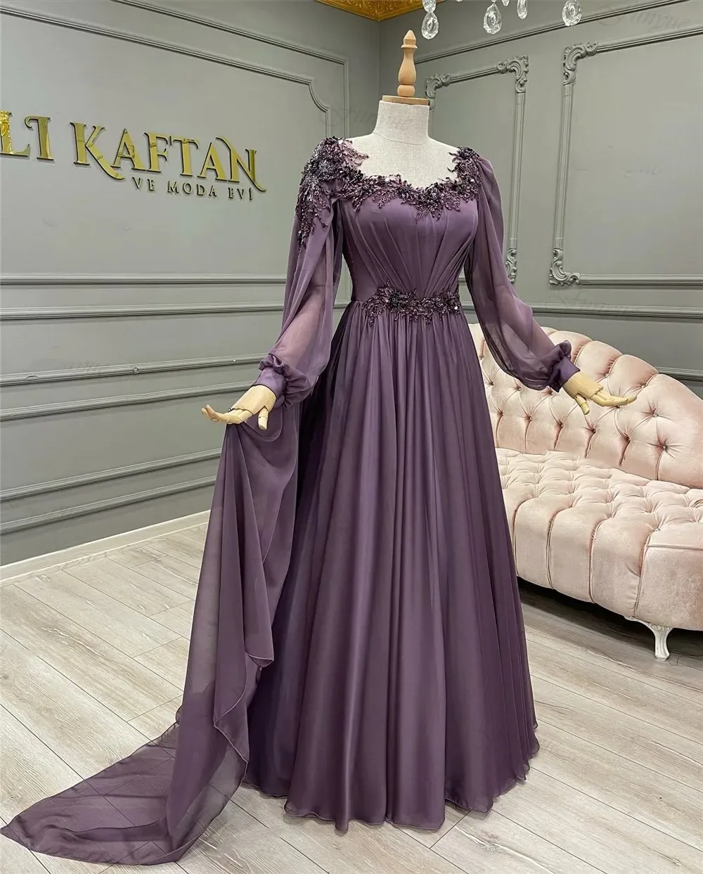 Elegantní fialový šifon a-line dlouhé rukávy formální šaty krajka korálkový milenka marocké kaftan muslimové soumrak ples gowns nový