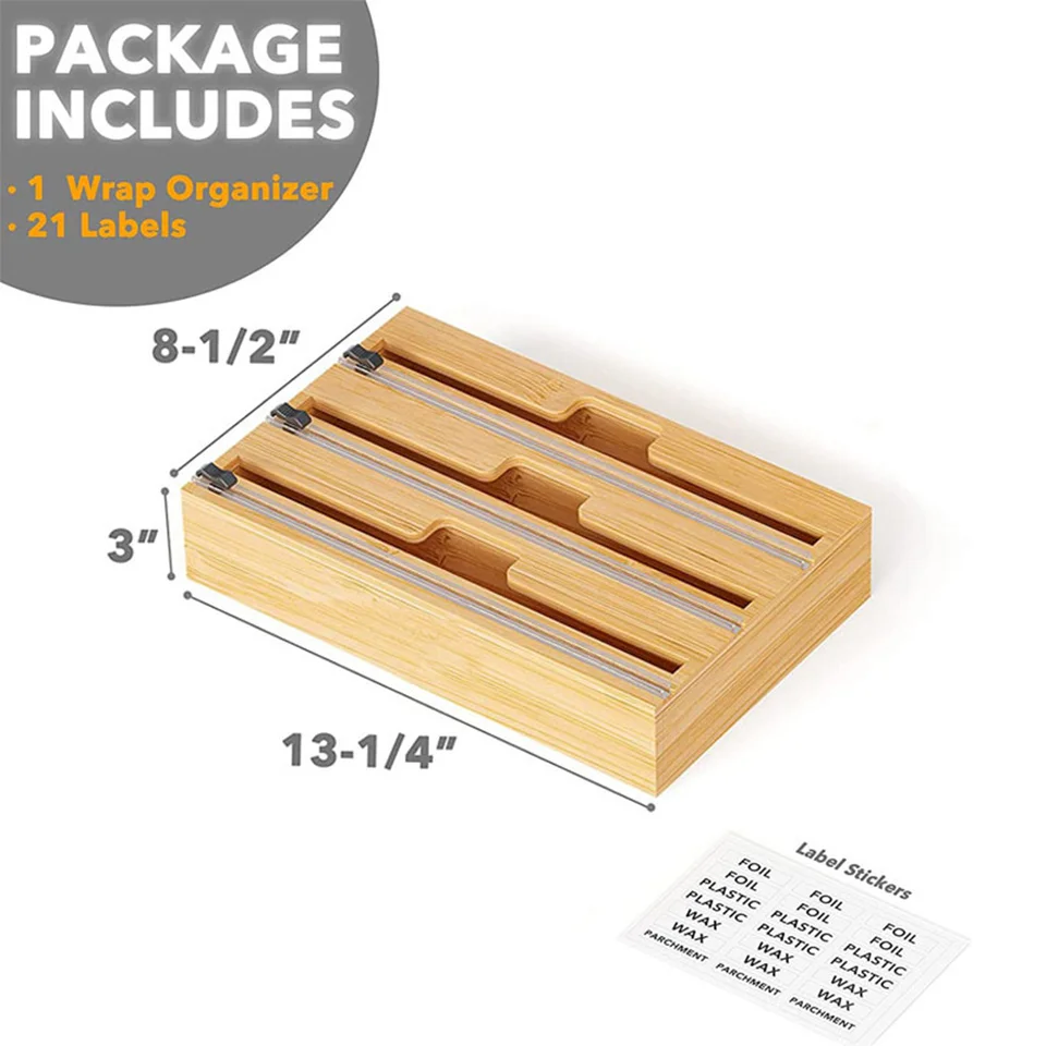 Distributeur 3 En 1 Pour Film Alimentaire, Papier Alu Et Essuie-tout - En Bambou, Avec Coupeur, Pour Comptoir Ou Mur