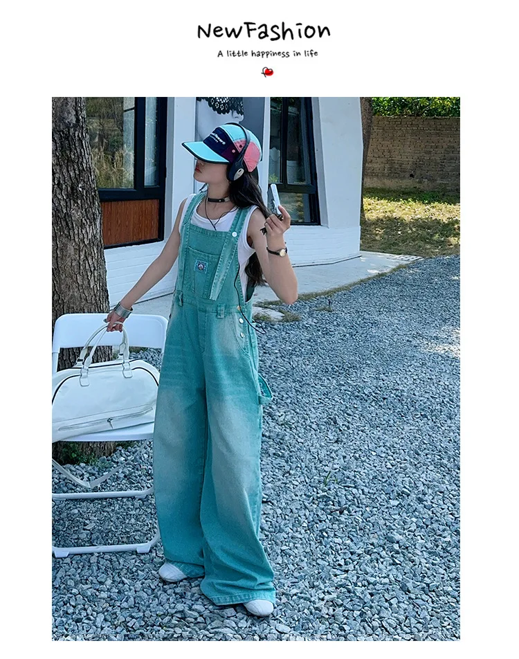 summer teen girls water washed punk wide leg jumpsuit junior kids loose slimming casual Cowboy overalls 4-14 child ropa trousers