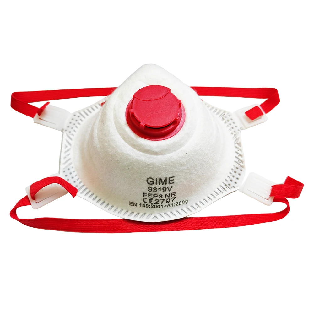 Masque FFP3 CE jetable avec valve, vue de face montrant la filtration 99%.