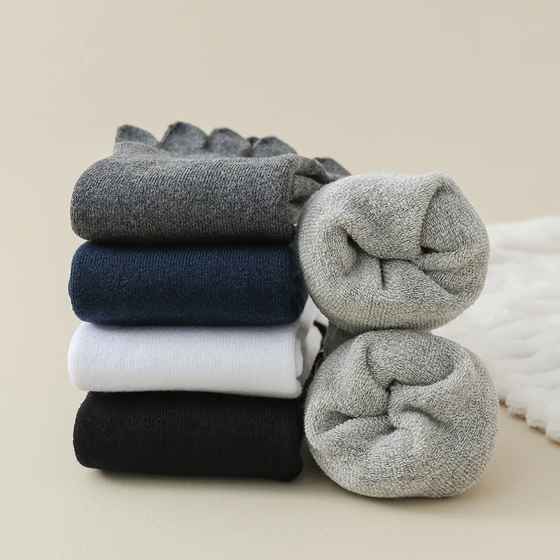 5 Pairs Large Thick Cotton Toe Socks for Men Women Autumn Winter Thermal Five Finger Sock Solid Color Warm Terry Loop Hosiery