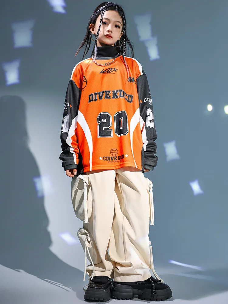 Kid Hip Hop Clothing Orange Racing Long Sleeve T Shirt Top Beige