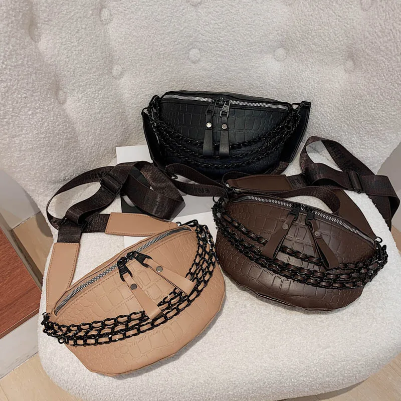 Waist Bag Chest Bag Women Soft Leather Waist Bag Autumn Chest Pack Shoulder Bag Chain Fanny Pack