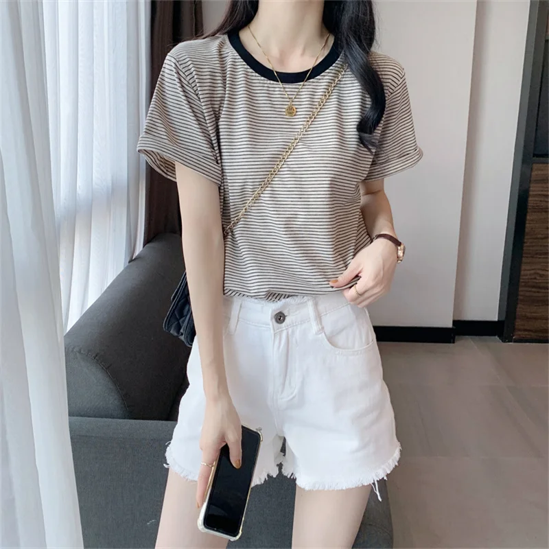 

Causal T-shirt Women's Clothing Short-sleeved Striped t shirts 2022 New Summer Retro Loose t shirts Girls Tops j132