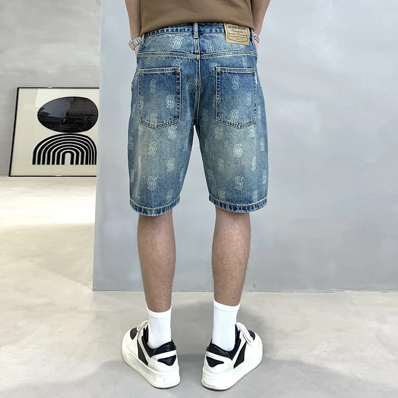 Summer New Denim Printed Men'S Shorts Casual Loose Personality Versatile Trendy Straight Leg Half Pants