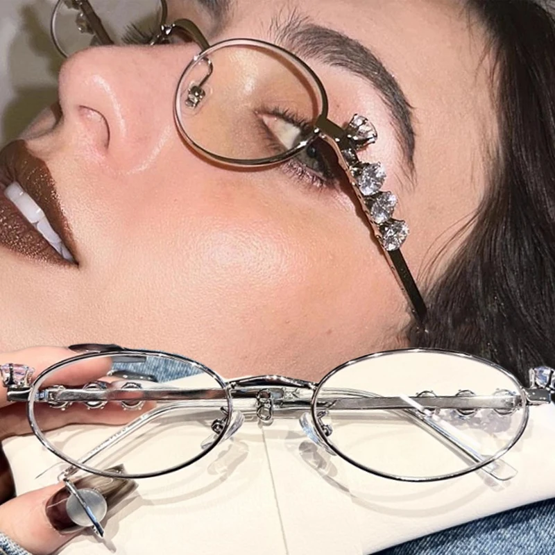Rhinestone Diamonds Eyeglasses Bling Clear Shades Unisex New Fashion Glasses Small Metal Oval Women Men Fashion Eyewear Frames