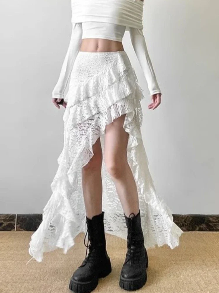 Deeptown Elegant Tulle Ruffle Skirt Women Boho Lace Vintage White Irregular Skirt Korean Style Summer Layered Mid Skirts Street 2